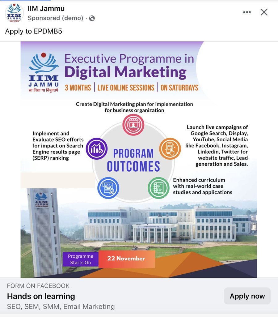 Example of a live Facebook lead ad for a digital marketing programme