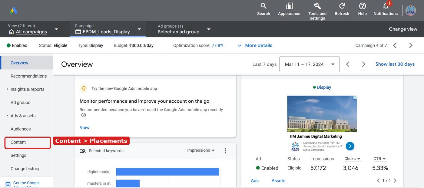 Google Ads display campaign showing the Content menu where placements are added