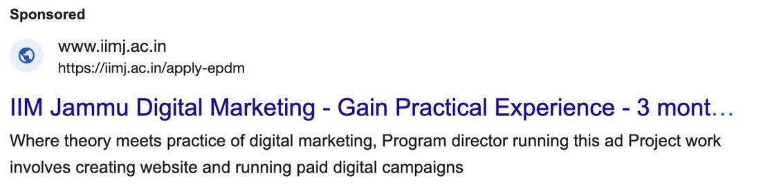 A live Google search ad with headline, URL and description