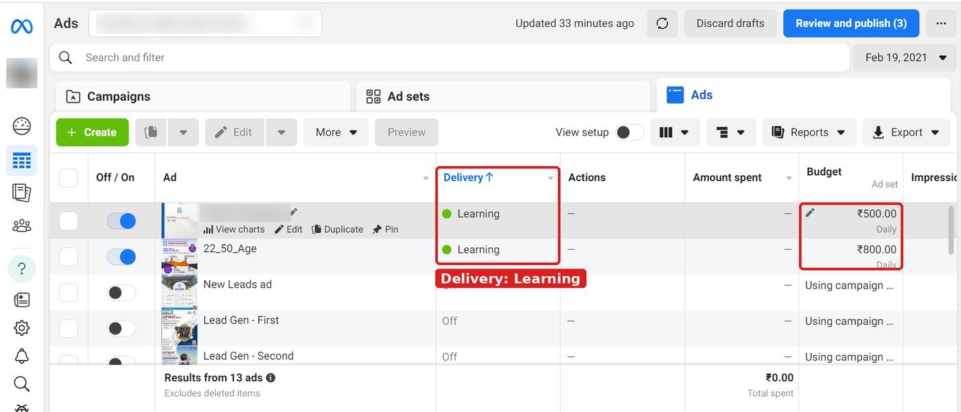 Meta Ads Manager Ads tab showing delivery status Learning and daily budgets