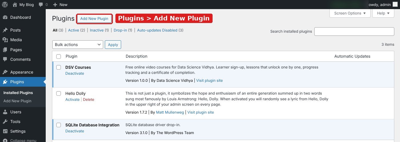 WordPress Plugins screen with the Add New Plugin button highlighted