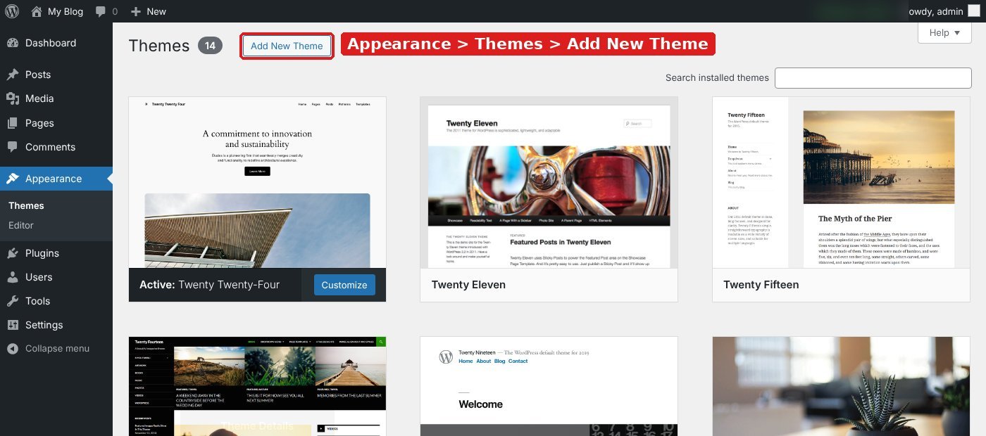 WordPress Appearance Themes screen with the Add New Theme button highlighted