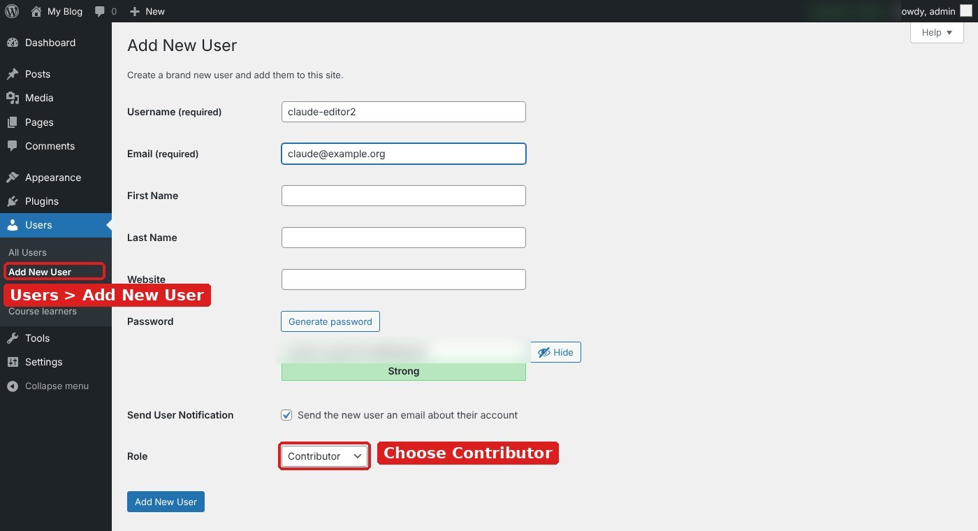 WordPress Add New User screen with the Role set to Contributor