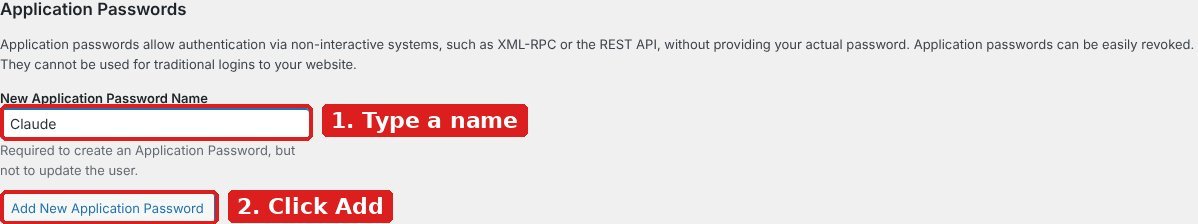 WordPress Application Passwords section with a new password name typed