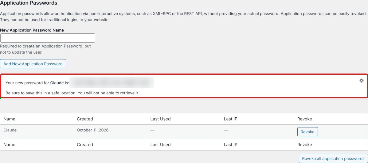 WordPress showing a new application password once, with a Revoke button